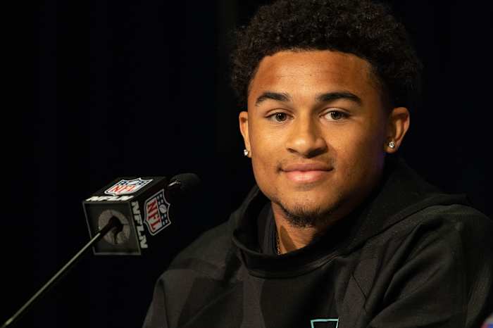 Mar 5, 2022; Indianapolis, IN, USA; Washington defensive back Trent McDuffie (DB26) talks to the media during the 2022 NFL Scouting Combine at Lucas Oil Stadium. Mandatory Credit: Trevor Ruszkowski-USA TODAY Sports